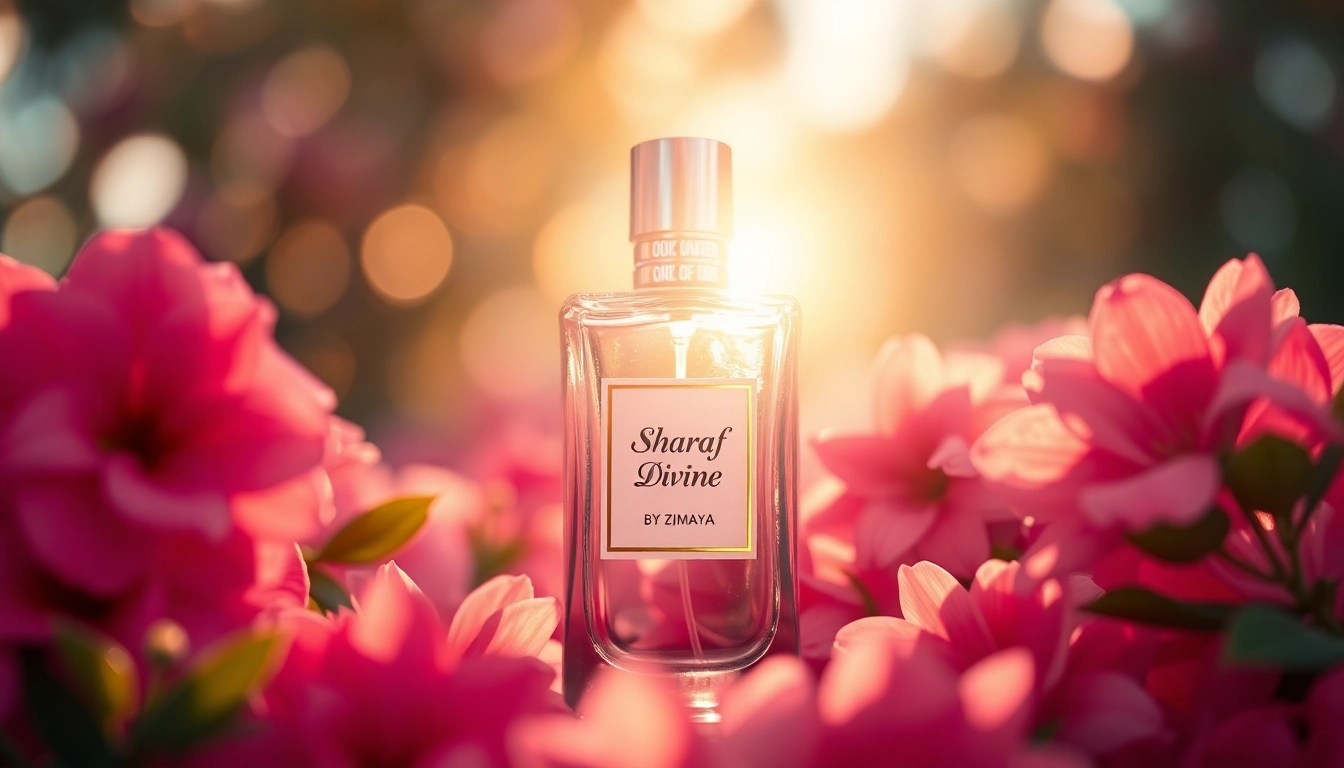 Ontdek de schoonheid van Sharaf Divine by Zimaya met een elegant parfumfles en bloemen.