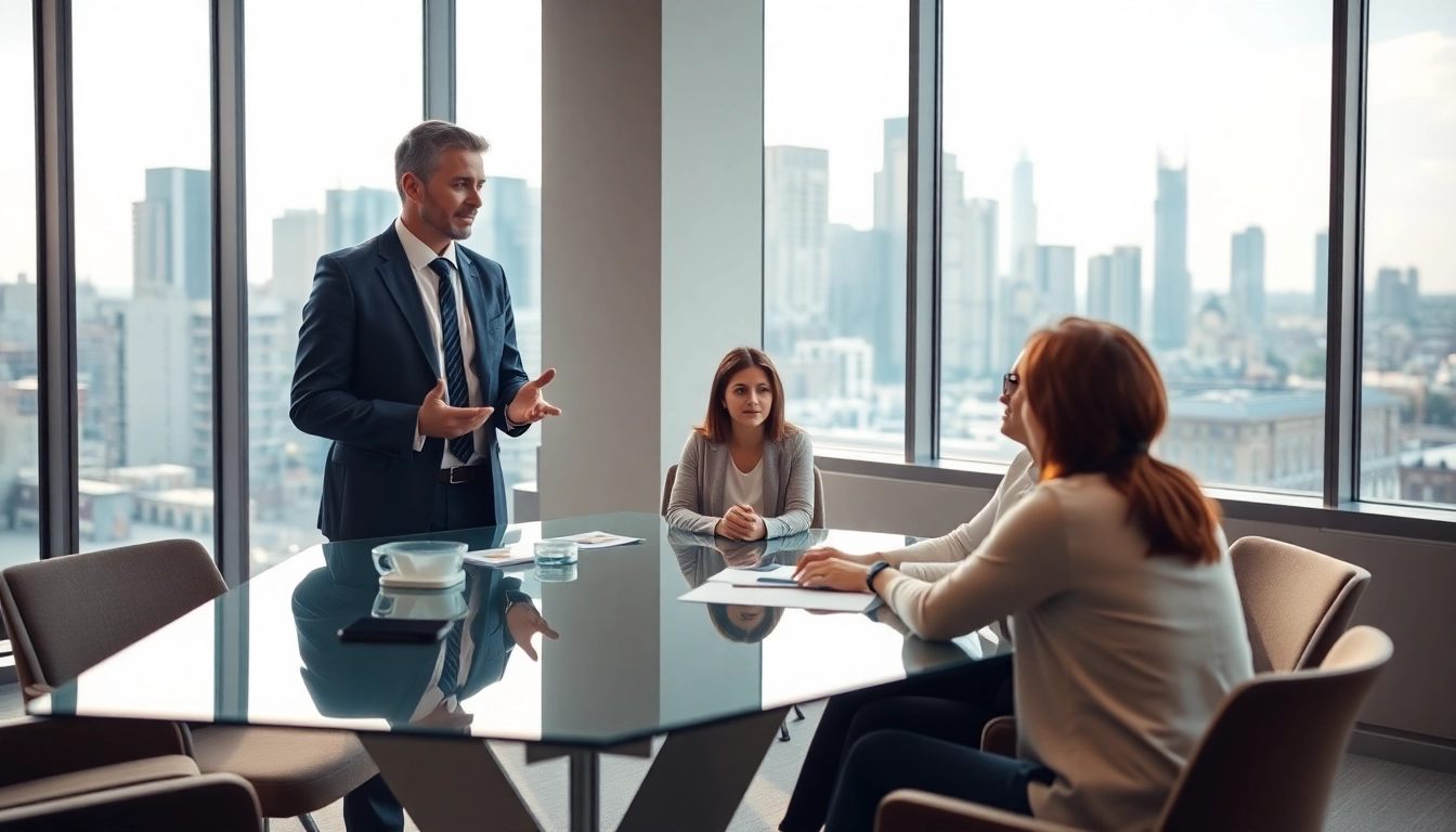 Engaging real estate agent assists clients in a modern office setting