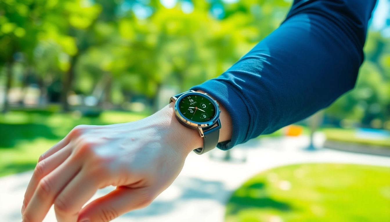 Ringconn smartwatch on a user's wrist during a fitness activity in a vibrant outdoor setting.