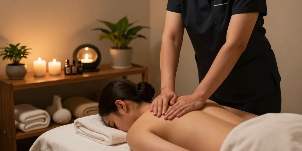 마사지 테라피 중인 프로 마사지사와 편안한 환경 강조