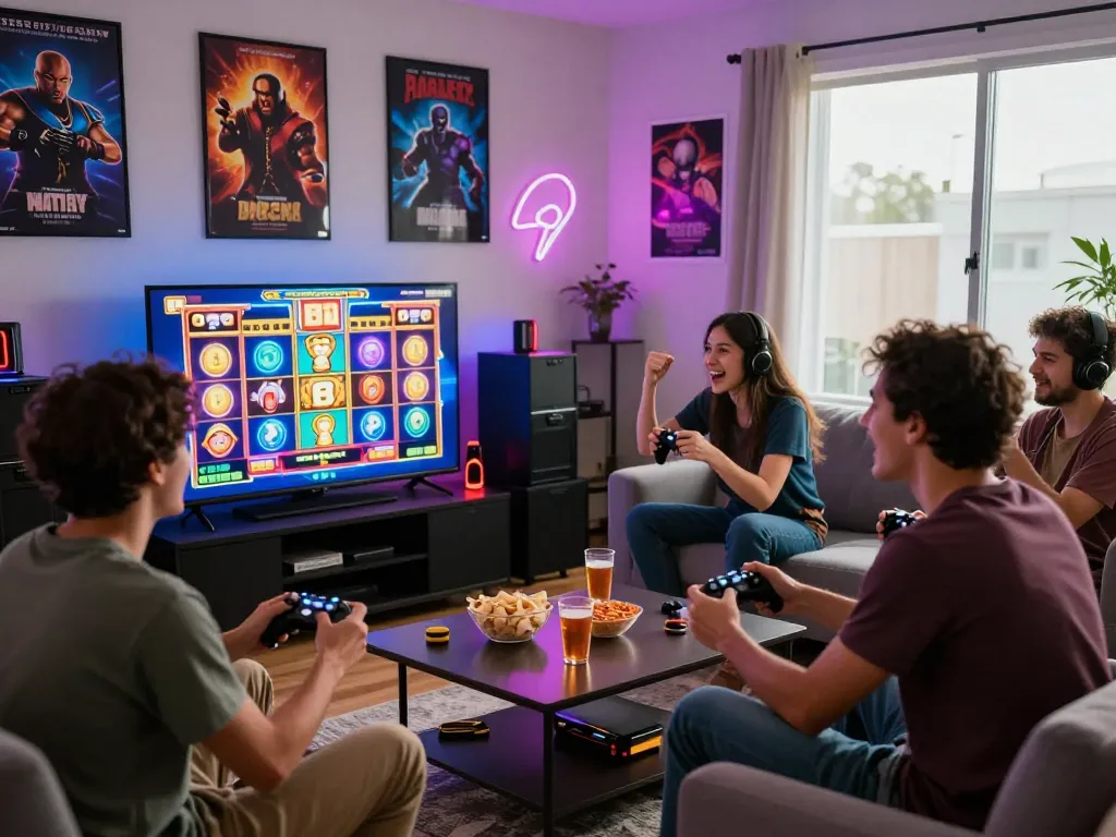 Teman-teman menikmati sesi permainan yang meriah dengan permainan slot laoban188 di ruang tamu yang cerah.