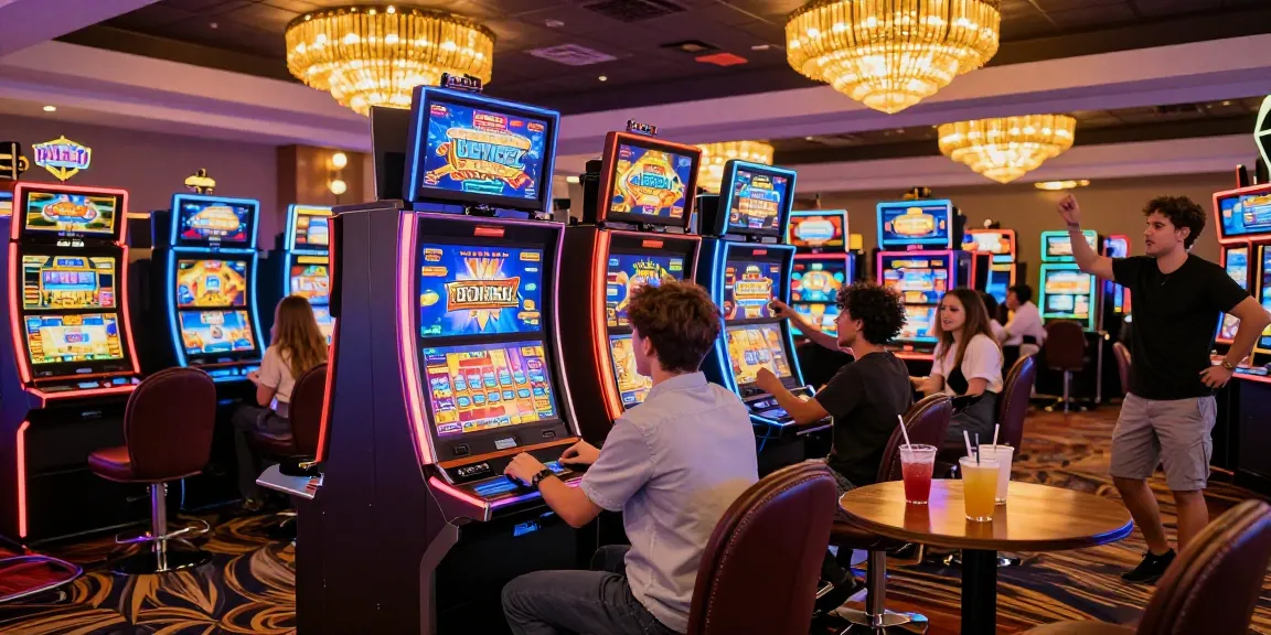 Friends playing slot machines in a lively casino environment filled with colorful lights.