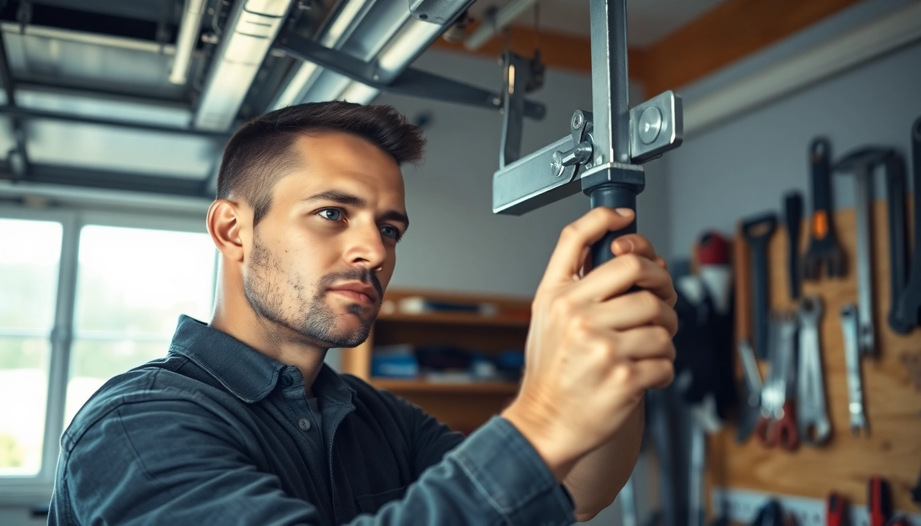 Garage Door Repair technician skillfully fixing a garage door in a home environment.