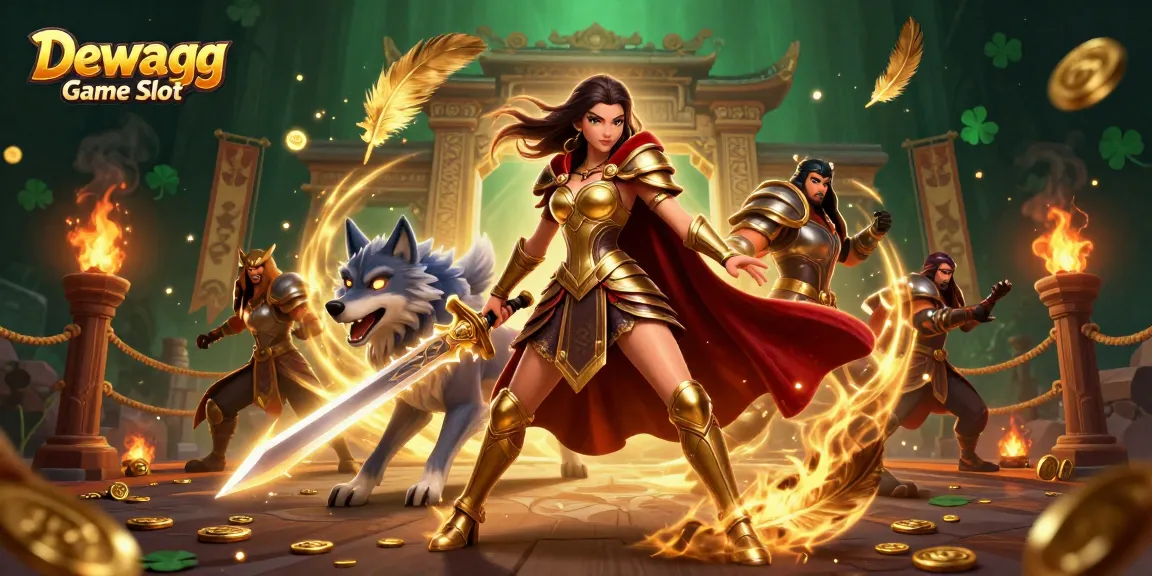Win big with Dewagg Game Slot featuring a warrior queen and majestic wolf in a dynamic 3D casino scene.