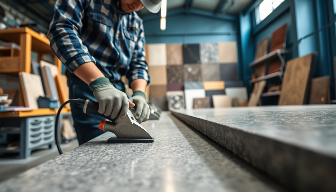 Showcase of surfacing solutions with a contractor applying precision techniques in a workshop.
