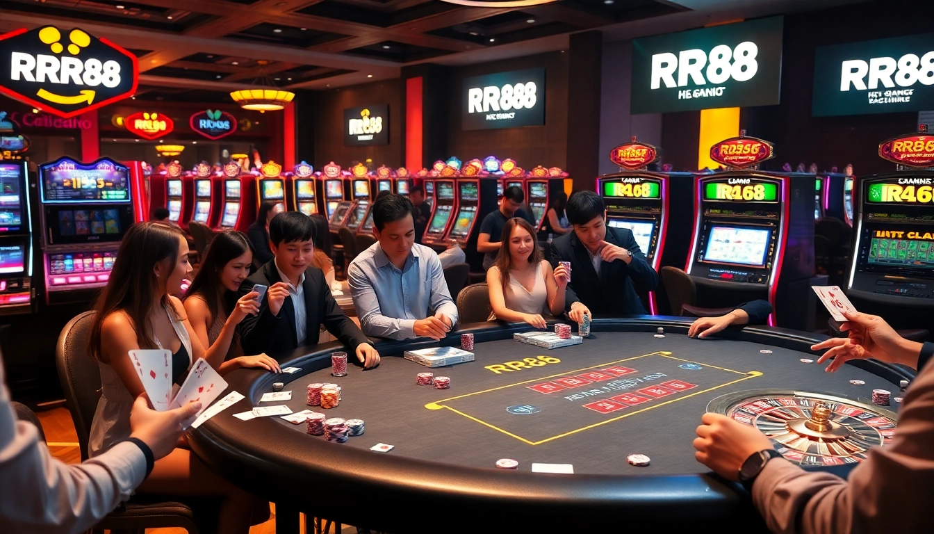 RR88 players enjoying a vibrant casino atmosphere with gaming tables and colorful chips.