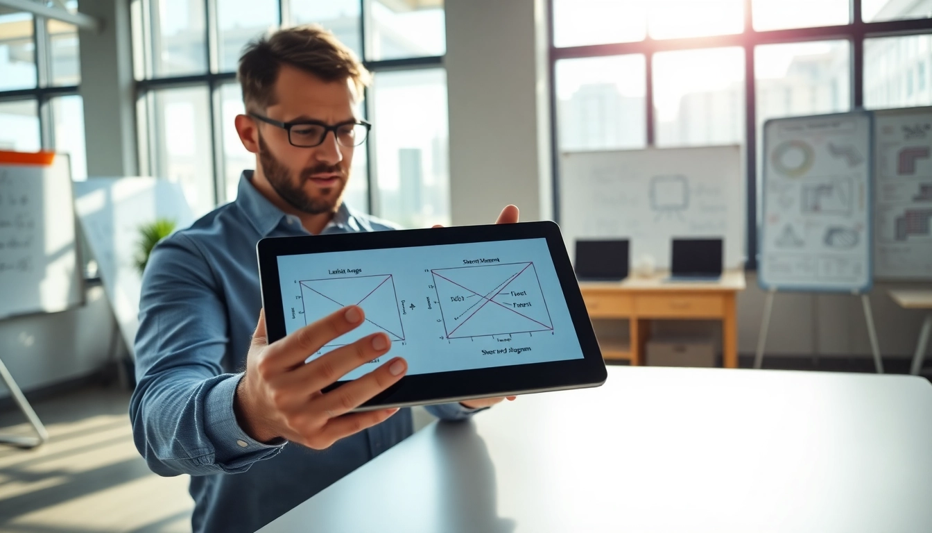 Engineer detailing a Shear and Moment Diagram on a tablet, highlighting key structural analysis.