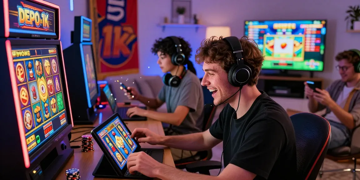 Excited players enjoying slot depo 1k games on tablets and laptops in a lively gaming environment.