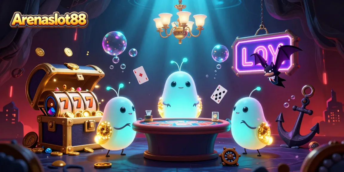 Permainan slot dengan Arenaslot88 bersinar di kasino bawah laut yang cerah.