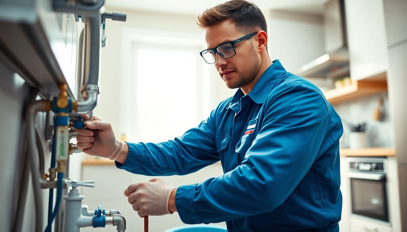 Plumber near me fixing a residential kitchen sink with tools in a bright, modern setting.