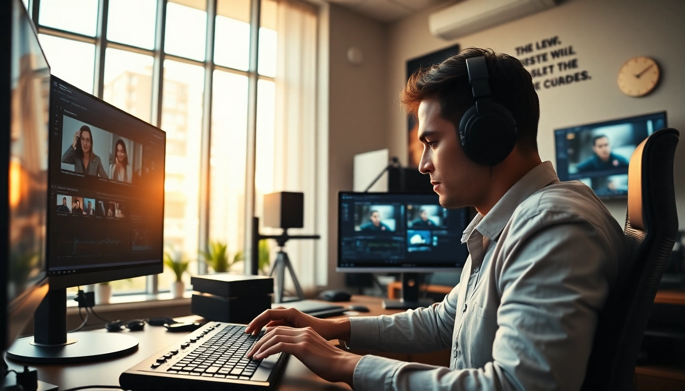 Showcasing professional video editing services with an expert at work in a modern studio setting.