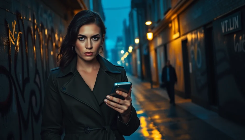 Engage with a clean thriller scene depicting a determined female protagonist in a dark alley.