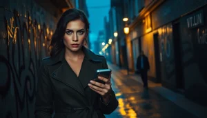 Engage with a clean thriller scene depicting a determined female protagonist in a dark alley.