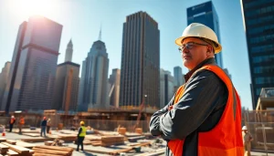 New York General Contractor managing construction on a vibrant Manhattan site with bustling activity.