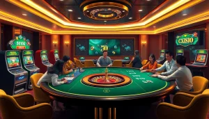 An engaging gaming scene at https://xx88.pizza/ featuring vibrant slot machines and poker tables.