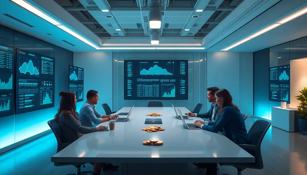 Innovative cloud mining operation showcasing professionals analyzing cryptocurrency data.