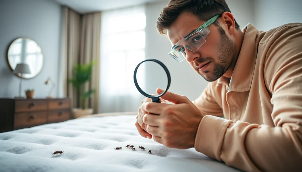 Inspecting for bed bugs at https://affordablebedbugexterminators.com with a professional technician.