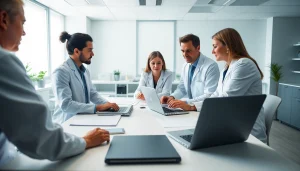 Researchers engaging in the collaborative ADAPTABLE Aspirin Study discussion within a clinical setting.