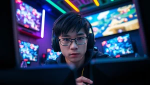 Menampilkan pemain yang bermain bolahiu game dengan fokus di setup gaming canggih.