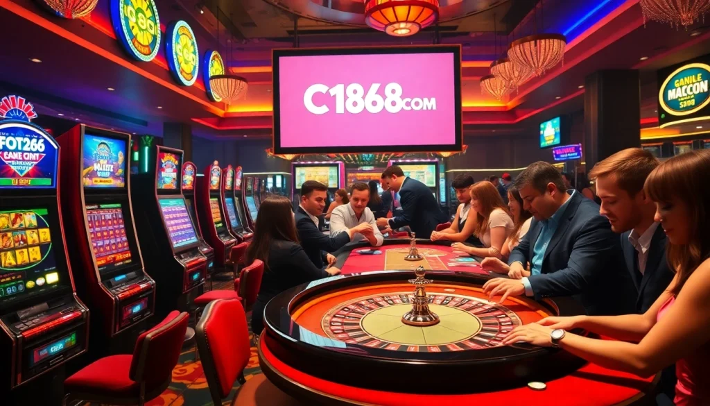 C168 COM captures the thrill of online gambling with players engaged at casino tables surrounded by vibrant slot machines.