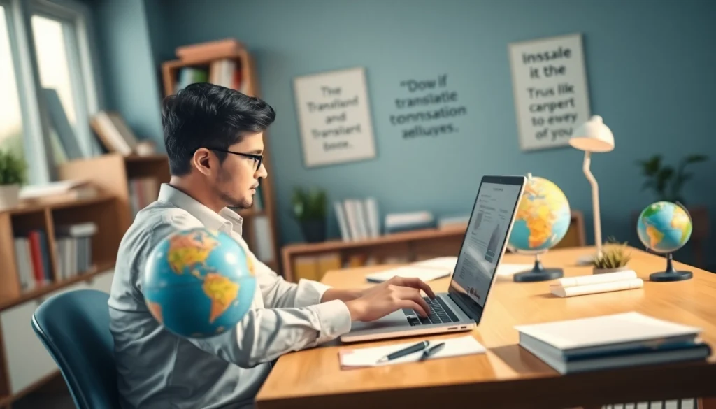 Highlighting https://www.elitetranslingo.com with a professional linguist working in a modern office.