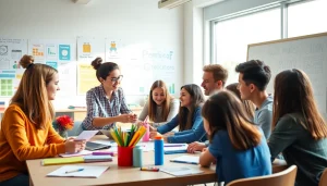 Engaging education environment with diverse students collaborating on projects highlighted.