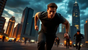 Heroic figure pursuing adversaries in a gripping action thriller setting with urban chaos.