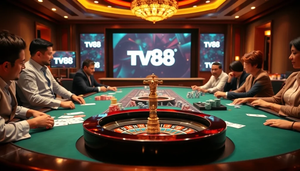 Experience the excitement of poker at TV88 with luxurious gaming tables and vibrant chips.