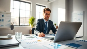 Finanzberater überprüft Datenberichte auf https://zukunftkapital.de in einem modernen Büro