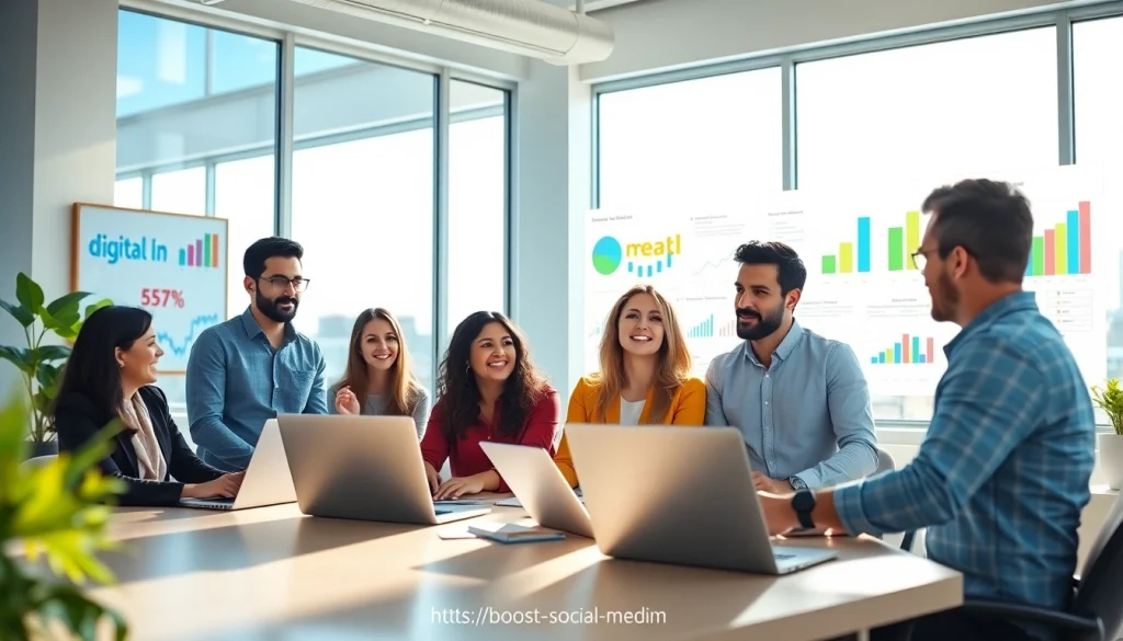 Boost social media strategies with a collaborative marketing team in a creative office setting.