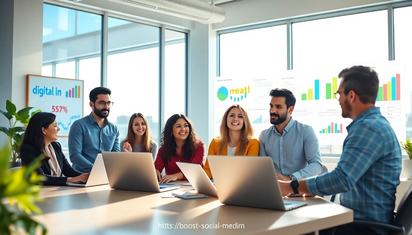Boost social media strategies with a collaborative marketing team in a creative office setting.