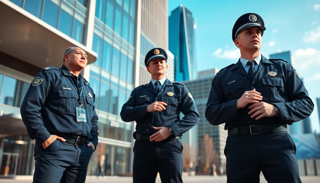 Security Guards in uniform monitoring an urban environment, showcasing vigilance and readiness.