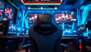 Engaging gaming setup with advanced gear showcasing RR88 branding in a vibrant atmosphere.