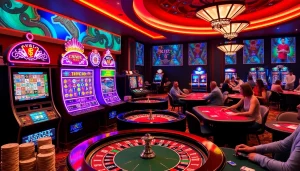 Vibrant casino environment showcasing KJC AC 2 with players at tables, cards, and slot machines.