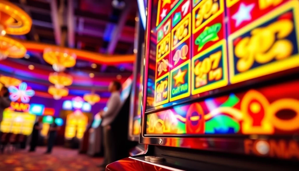 Mainan slot penuh warna yang bersinar, menarik perhatian pemain di kasino.