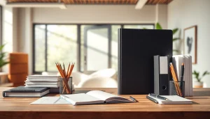 Organized office stationery supplies including pens, notebooks, and binders on a modern desk.