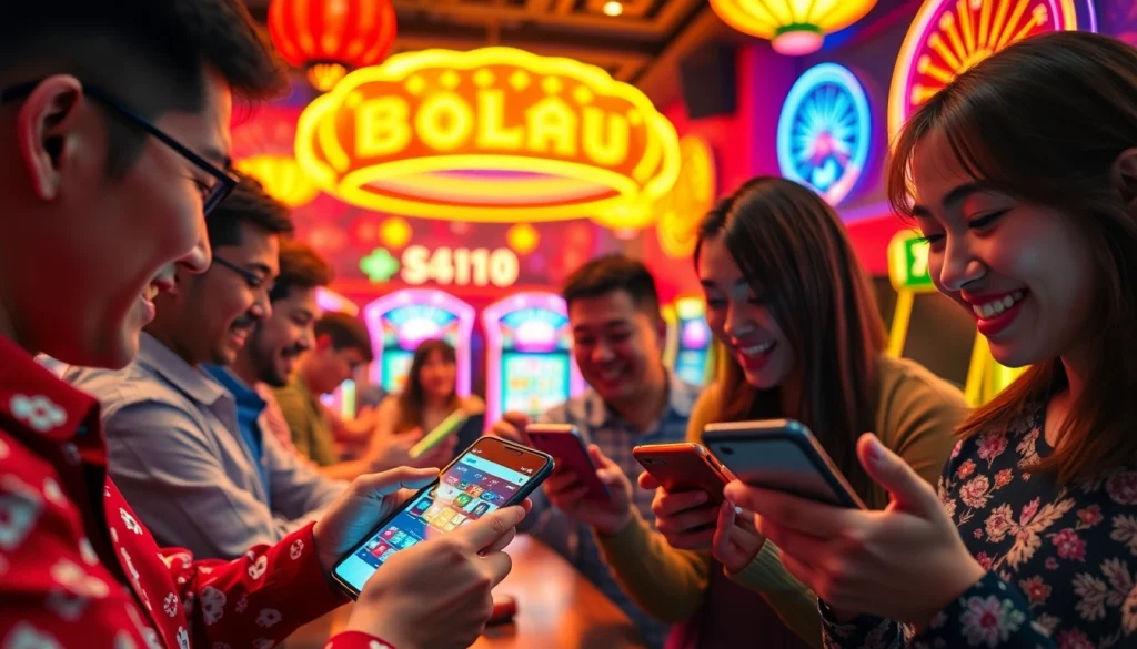 Menangkan bolahiu game dengan perangkat mobile dalam suasana kasino yang ceria.