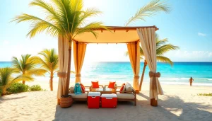 Relaxing scene of a coastal cabana by the beach with vibrant decor and palm trees.