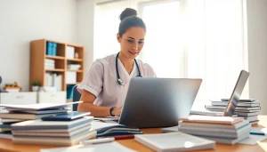 Designing a capstone project for nursing with focus and dedication in a sunny study environment.