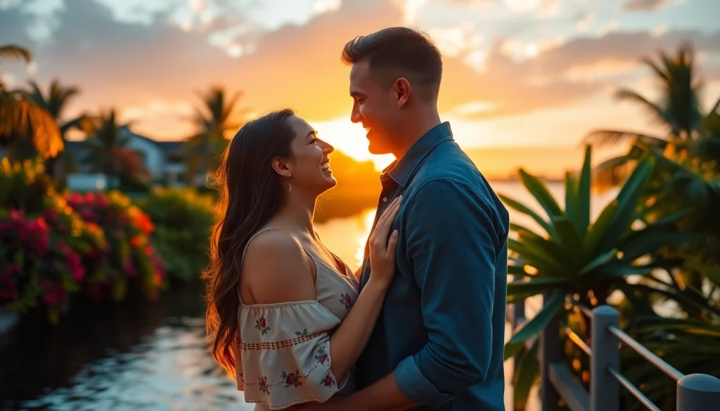 Tampa engagement photography showcasing a couple in love during sunset with vibrant colors and lush scenery.