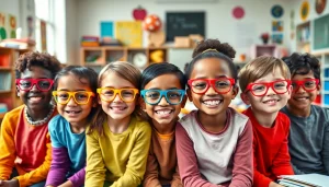 Our Children's Vision highlights diverse children in colorful glasses enjoying a bright classroom.