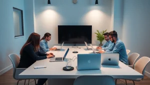 Desenvolvimento de Site com profissionais criando soluções digitais em um ambiente moderno e colaborativo.