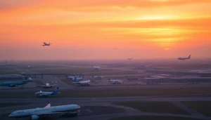 Discover the bustling atmosphere at Heathrow Airport with planes taking off and landing during sunset.