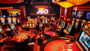 Experience the thrill at JBO casino, where players engage in exciting roulette and poker games.