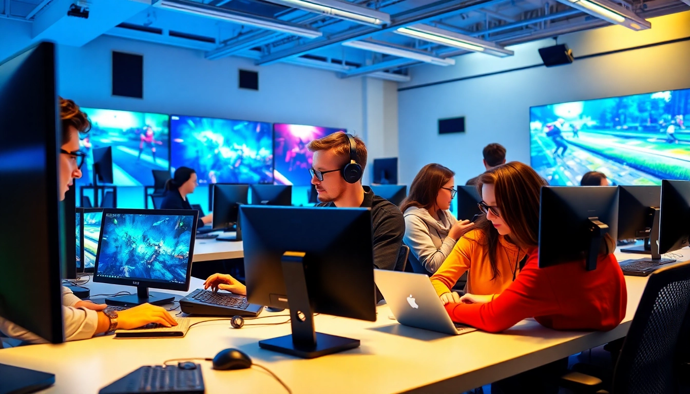 Engaged team at a game QA studio testing video games with modern equipment