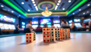 Daftar Domino88 game memperlihatkan suasana pertandingan seru dengan domino warna-warni di meja permainan.