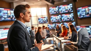 The Georgia Sun highlights a journalist in a bustling newsroom working on Georgia news.