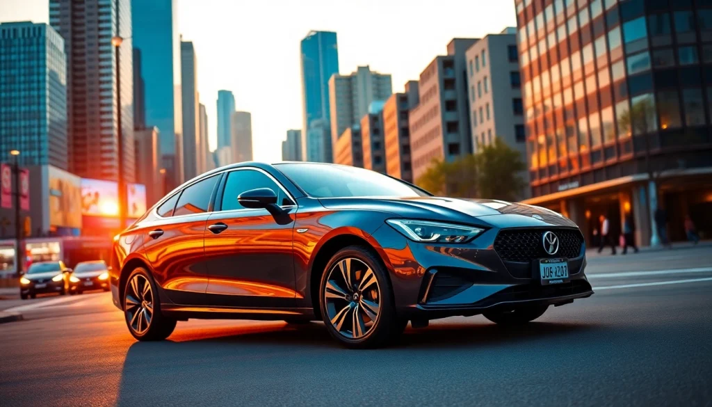 Showcasing a sleek modern car representing JBO rental services against a vibrant cityscape.