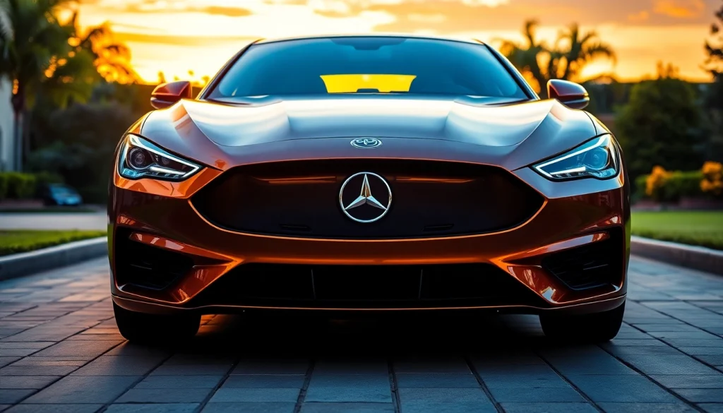 Elegant luxury auto transport vehicle showcased at https://luxuryautocarriers.com with a stunning sunset backdrop.