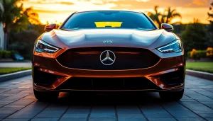 Elegant luxury auto transport vehicle showcased at https://luxuryautocarriers.com with a stunning sunset backdrop.